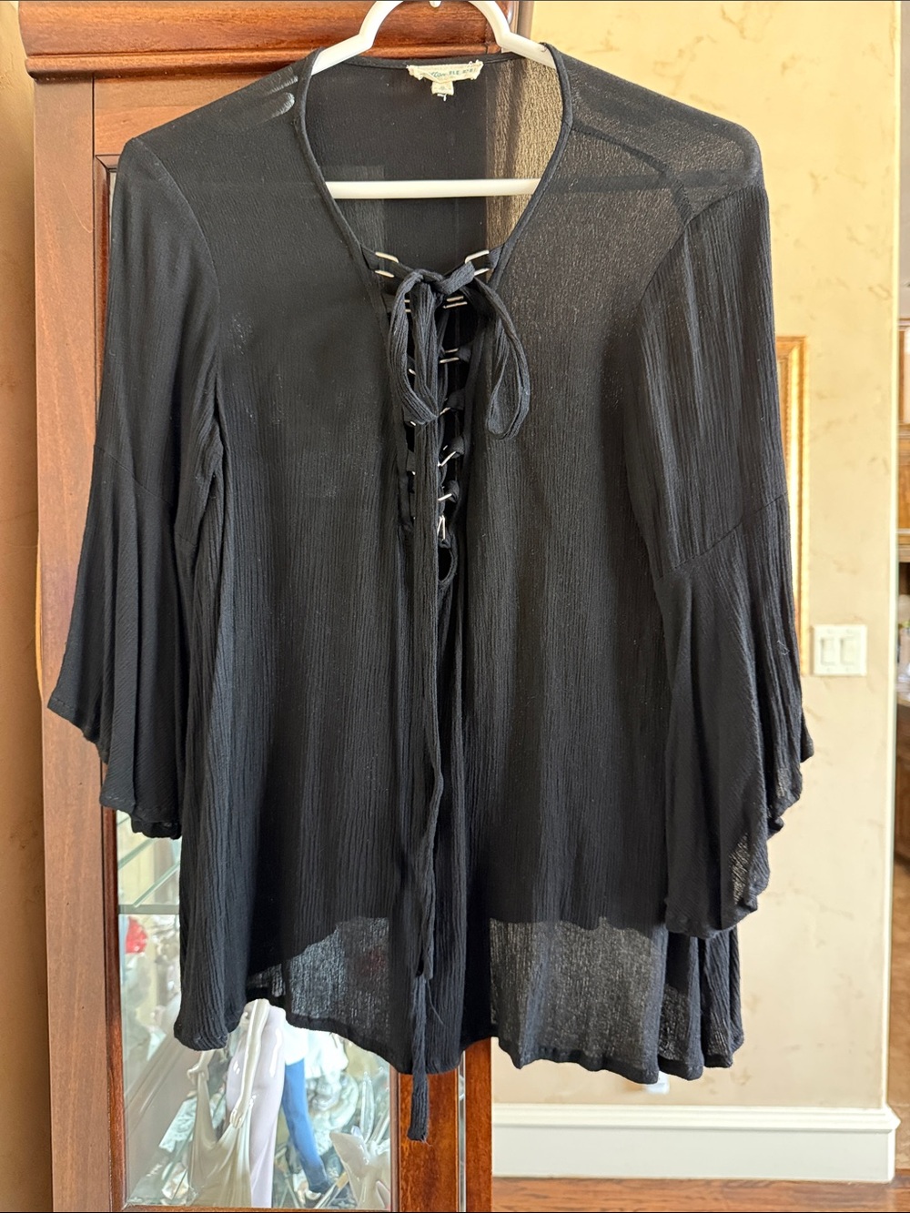 Black Lace-Up Sheer Women’s Top - Brand: Cotton Bleu. Size Small